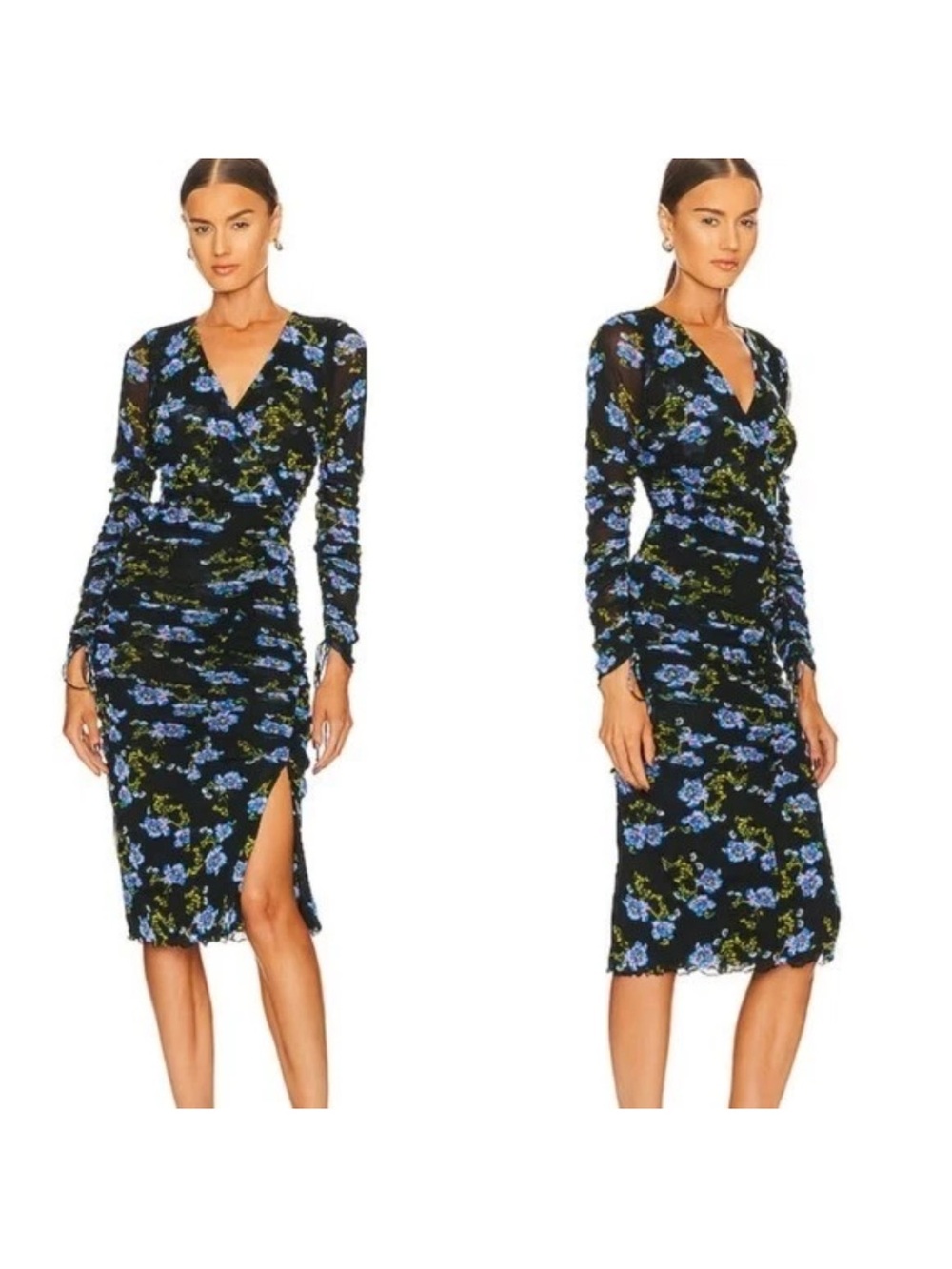 Black Floral V-Neck Ruched Long-Sleeve Midi Dress